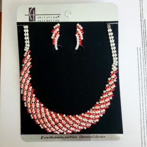 Red Rhinestone Necklace And Earring Jewelry Set